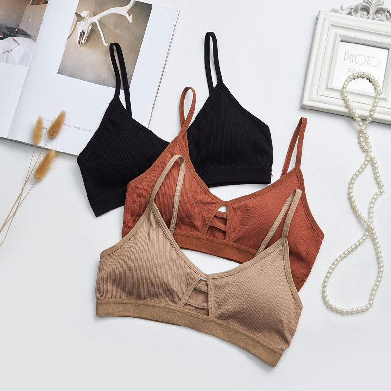 Cross Border New French Bra Rimless Sling Low Back Hollow Breathable Triangle Bra Seamless Bra Lady